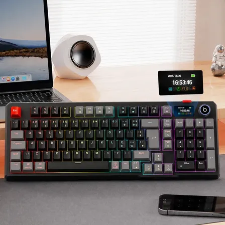Teclado Mecânico Sem Fio Com Tela, Tri-Mode Bluetooth/2.4 G/Usb-C, Rgb Teclado Gamer ABNT2 Com Anti Ghosting E Personalizável, Teclado Switch Vermelho Wireless Para Jogos/Pc/Mac/Linux
