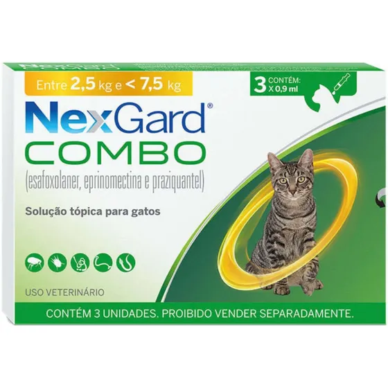 Nexgard Combo Gatos Antipulgas Vermes 2,5 A 7,5 Kg 3 Pipetas Cor Amarelo