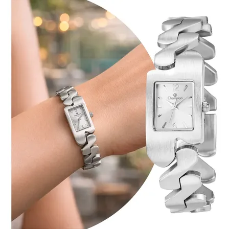 Relógio Feminino Prata Quadrado Luxo Fashion Champion
