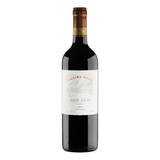 Vinho tinto seco Carménère Cousiño-Macul Don Luis 2019 750 ml em um estojo de papelão