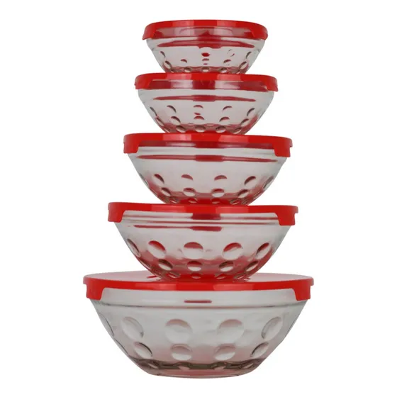 Juego De 5  Tazones De Vidrio Con Tapa Plastico