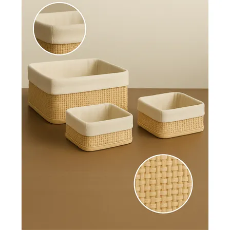 3 Cestos Organizadores Bambu Multiuso Com Forro P M G Luxo Bege