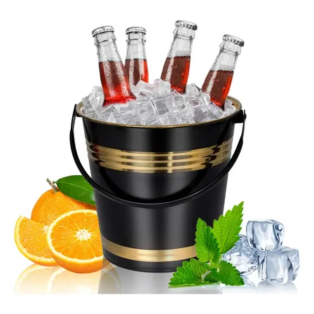 Balde De Gelo Champanheira 6 Litros, Balde Baldinho De Gelo De Cerveja Balde De Gelo Inox Com Pegador Inox ,balde Degelo Inox Para Bebidas Whisky Champanhe Vinho Diversos, Cor Preto 6l Balde De Gelo