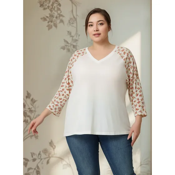 Blusa Talla Grande Tops Con Mangas Raglán Y Estampado Floral