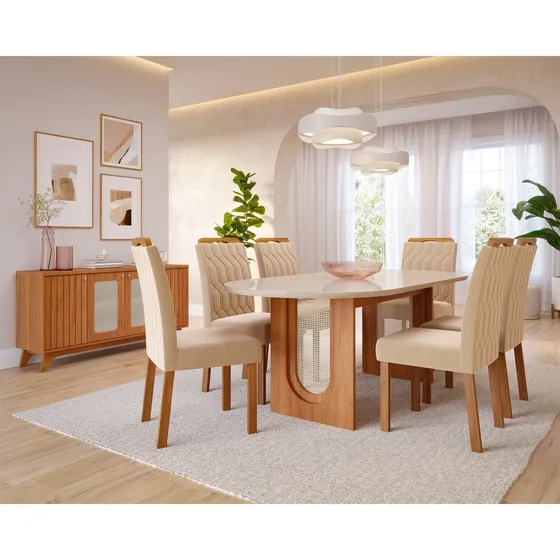 Conjunto Sala De Jantar Mesa Valentina Oval Mdf 6 Cadeiras
