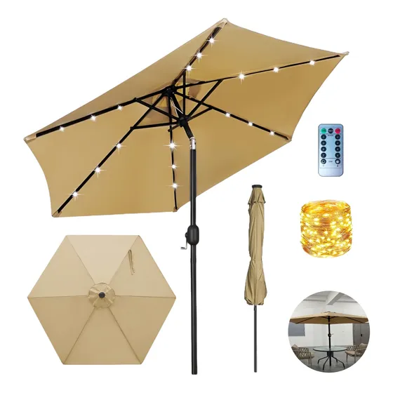 7.5ft Sombrilla Para Jardin Con Luces Inclinacion + Cubierta