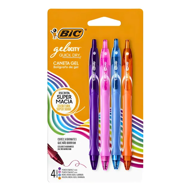Caneta De Gel Gelocity Quick Dry 4 Cores Ponta Fina 07mm Bic Tinta Variada Exterior Colorido