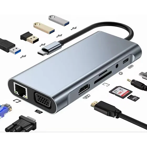 11 En 1 Usb-c To Hdtv +vga+lan+usb+tf+sd+pd+audio