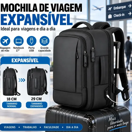 Mochila Notebook 17 Polegadas Expansível Impermeável Antifurto Grande Capacidade com USB para Viagem