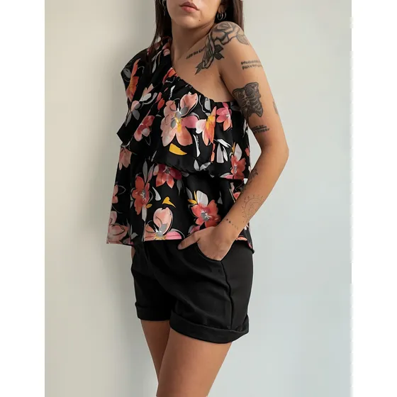 Blusa Nano Poplin Estampado Un Hombro Abba #e1823