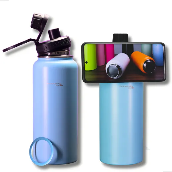 Garrafa Térmica 1l Água Suporte Celular Magnetico Academia Cor Azul-celeste