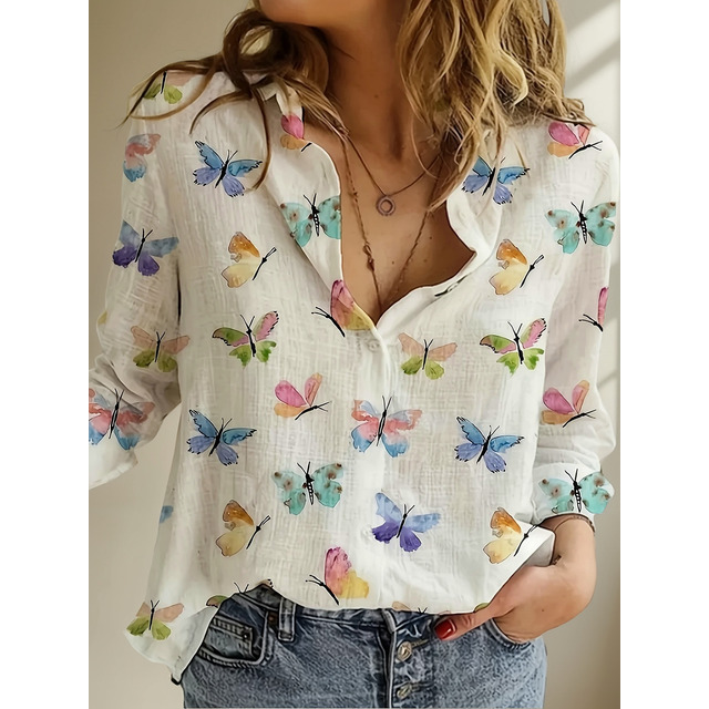 Blusa De Mulher Manga Comprida Estampado Borboleta Blusa De Mulher Manga Comprida Estampado Borboleta