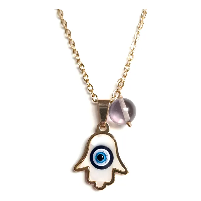 Dije Mano Hamsa Acero Con Ojo Turco Azul + Cuarzo + Cadena