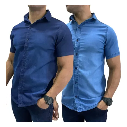 Kit 2 Camisa Masculina Jeans Com Elastano Manga Curta Social