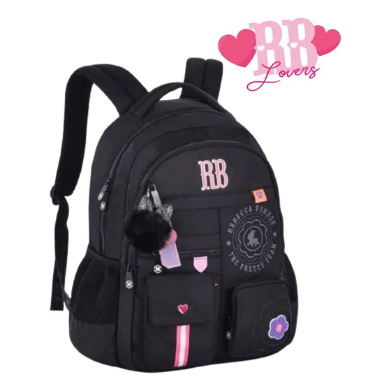 Mochila De Costas Juvenil Rebecca Bonbon Com Bordado Preto Desenho do tecido Liso