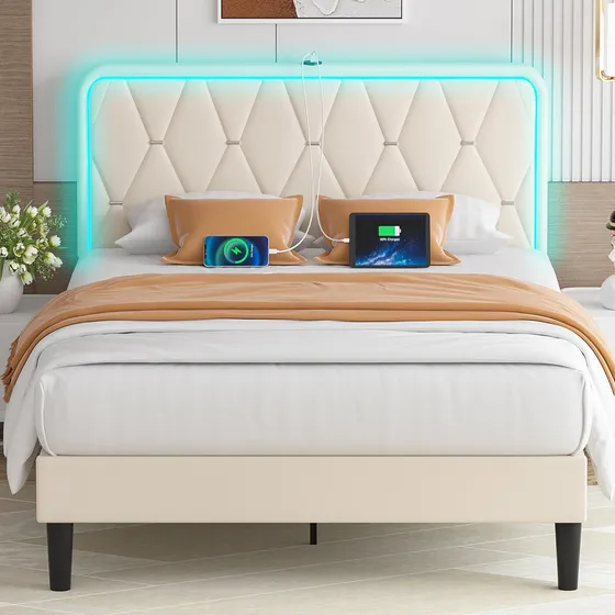 Base De Cama Individual Vecel Beige Con Luz Led