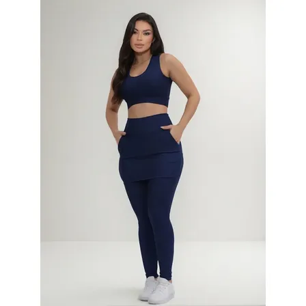 Calça Legging Saia Conjunto Com Top E Bolsos Feminino