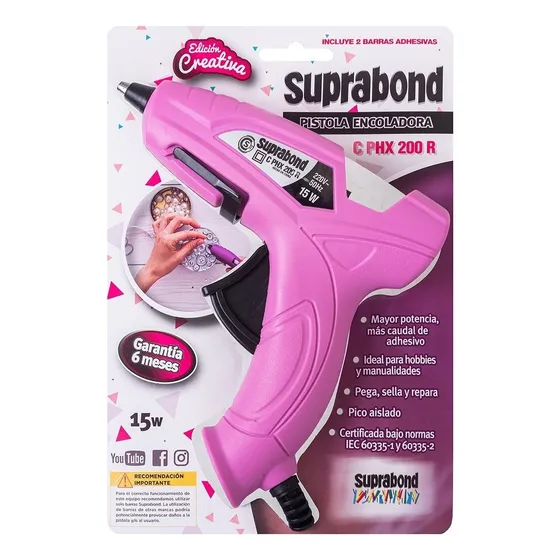 Pistola Encoladora Suprabond Silicona Chica Hx200 Lila + 2 Barras Transparentes