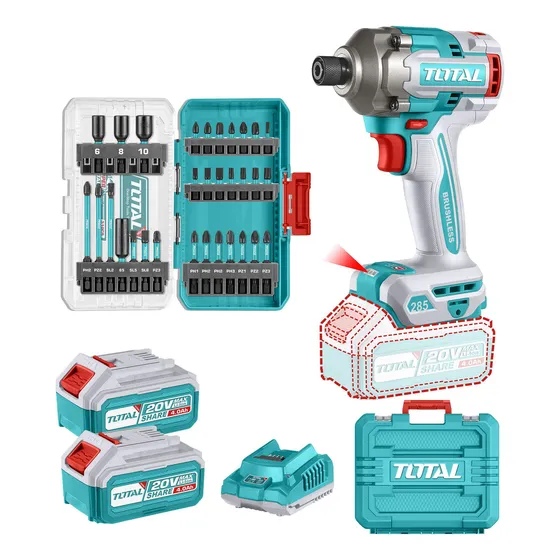 Atornillador De Impacto Inalámbrico Total 20v Industrial, Brushless Sin Carbones, Encastre Hexagonal 1/4'', 285nm - Con 2 Baterías 4.0ah Litio-ion, Cargador, Juego De Puntas Y Maletín - Tosli240966