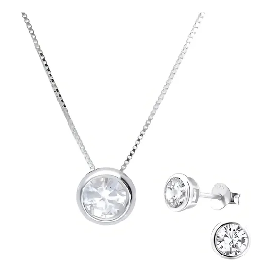 Set Conjunto Cadena Collar Aros Punto De Luz Plata 925 Joyas Color Plateado