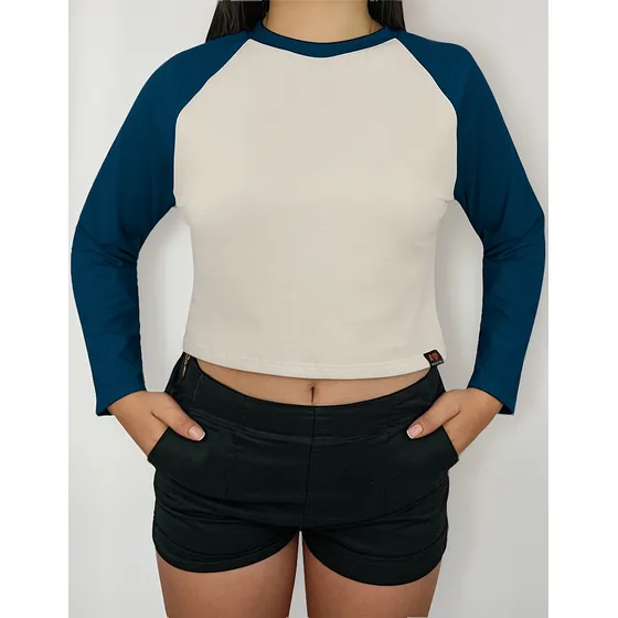 Camiseta Crop Top Ranglan Manga Larga Premium Hueso Azul
