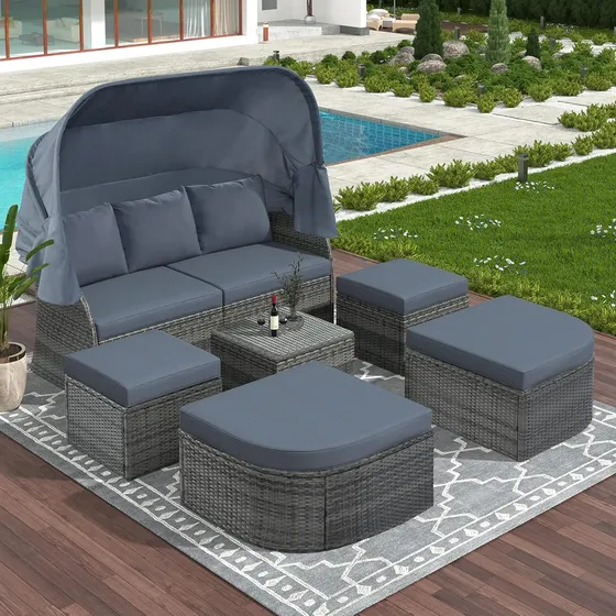 Juego De Muebles De Mimbre De 7 Piezas Para Exteriores