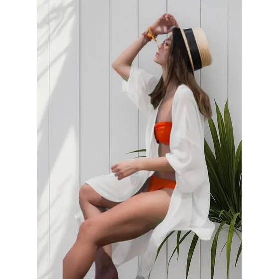 Salida De Playa Kimono Largo Color Blanco Modelo Ynes