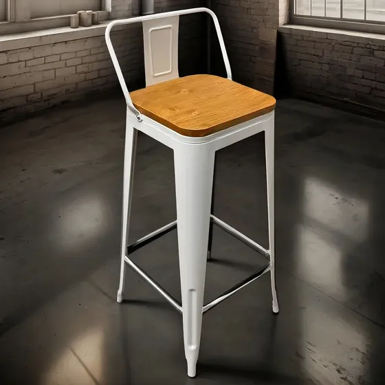 Taburete Tolix Banqueta Metal Asiento Madera Respaldo Acabado De La Estructura Mate Color Blanco