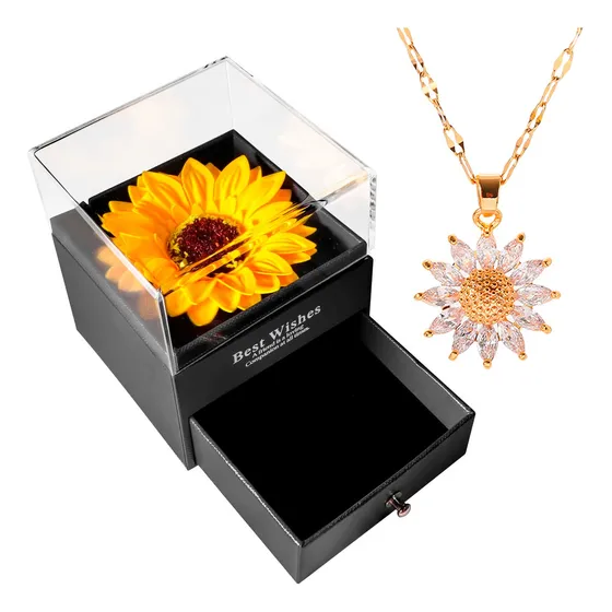 Colar Girassol Flor Eterna Caixa Presente Namorada Mulher Cor Dourado