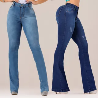 Kit 2 Calça Flare Jeans Feminina Cos Alto Com Elastano Kit 2 Calça Flare Jeans Feminina Cos Alto Com Elastano