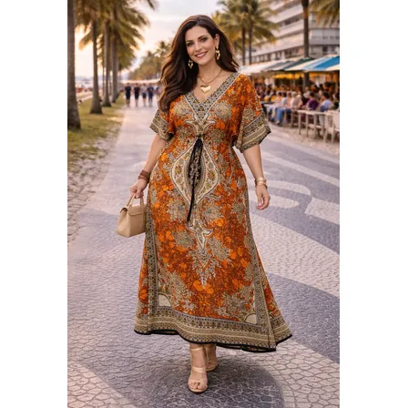 Vestido Longo Indiano Kaftan Boho Chic Estampado