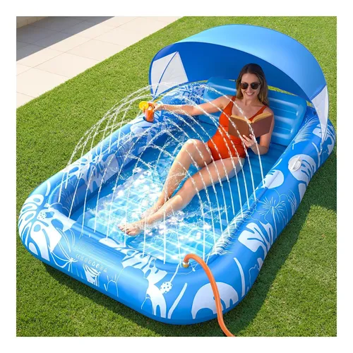 Flotador de piscina con toldo, flotadores inflables de piscina para adultos con 2 portavasos, tumbonas de piscina XL con asiento de malla desmontable y reposacabezas para fiesta en la piscina, playa