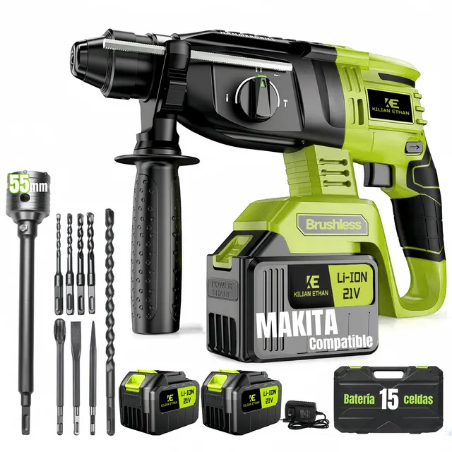 Taladros Rotomartillo Cincelador Perforador Industrial Inalámbrica profesional 3 Modos Sdsplus Kilian Ethan 2*15 celdas baterías Martillos Demoledores Perforador 3 en 1 abrir Agujeros 55mm Verde