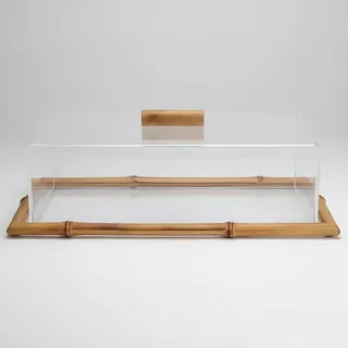 Bandeja De Vidro E Bambu Com Tampa De Acrílico 30x16cm Transparente E Ba