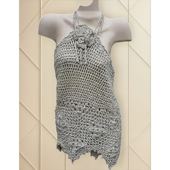 Sweater Calado Tejido A Mano, Gris, Sin Mangas, Blusa