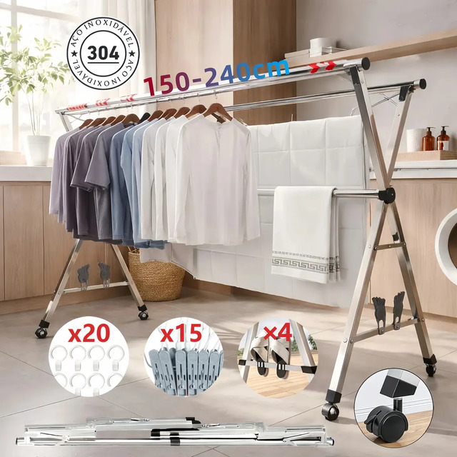 Varal Chão Roupa Retrátil 3 Andares Dobrável Aço Inoxidávelrodas 60kg Gaonas Varal De Chão...