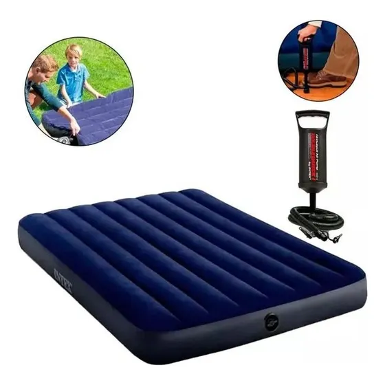 Colchão Inflável Para Casal Intex + Bomba De Ar Manual Intex Cor Azul