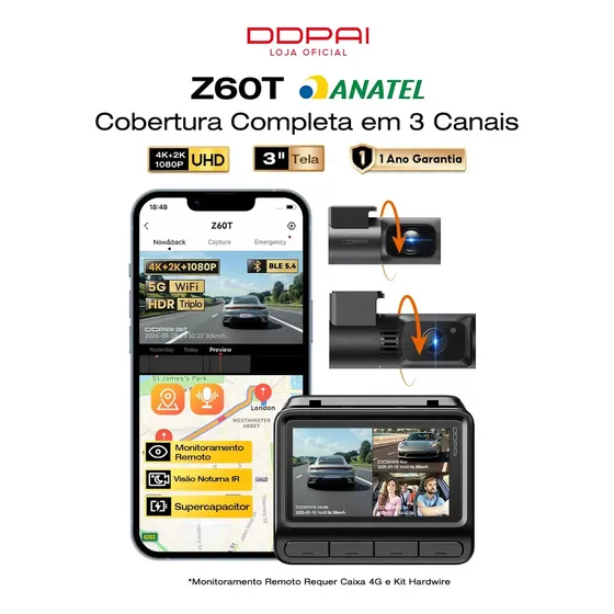 Câmera Veicular Automotiva DDPAI Z60T 3 Canais 4K+2K+1080P HDR 60FPS, Dashcam Wi-Fi 6 Turbo com Câme