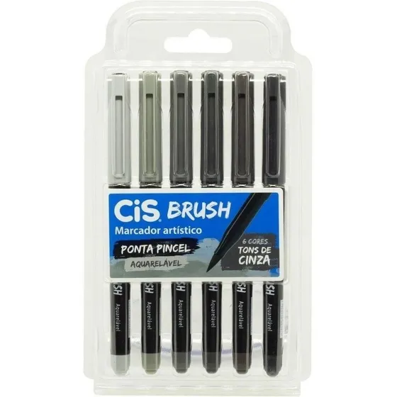 Caneta Brush Pen Cis Pincel Aquarelável Tons De Cinza 6 Core