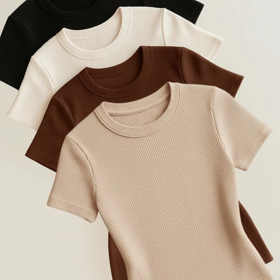 Kit 4 Blusas Feminina Ribana Canelado Estilosa Básica Casual Preto, Branco, Marrom E Nude Liso M/g (36/42)