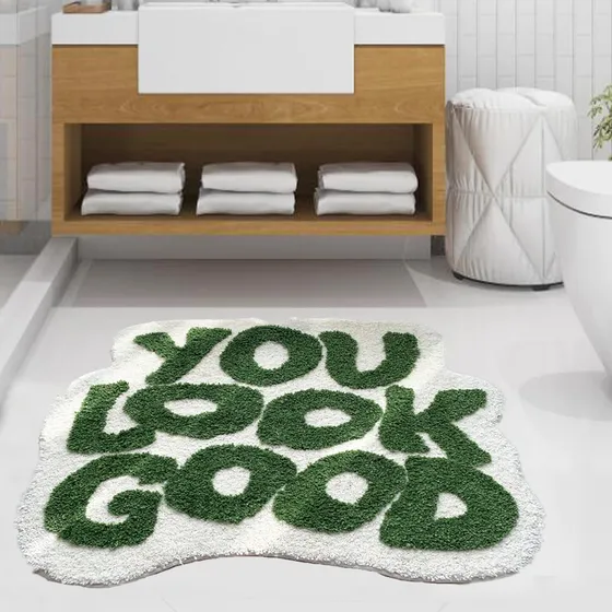Alfombra Baño Verde Texto Ingl  You Look Good  Lavable Para