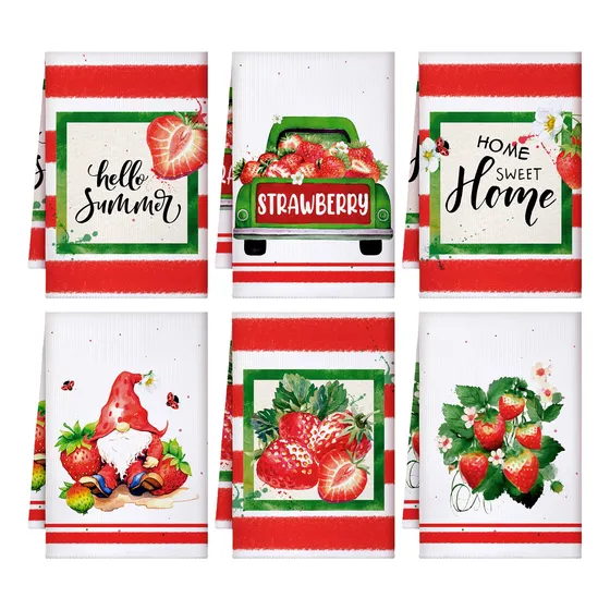 Toalla Cocina Verano Primavera Fresa Absorbente Raya Roja