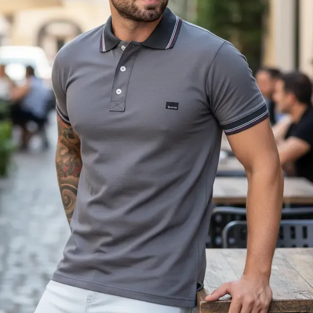 Camisa Camiseta Gola Polo Masculina Básica 100% Algodão Cinza-escuro Liso G