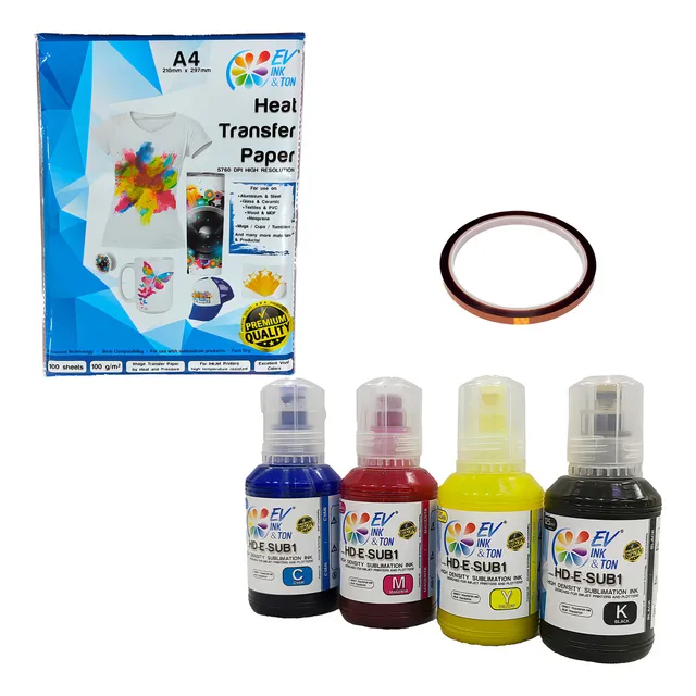 Kit 4 Tinta Sublimación 125mlc/u 100hj Papel 1 Cinta Térmica Tinta Cmyk