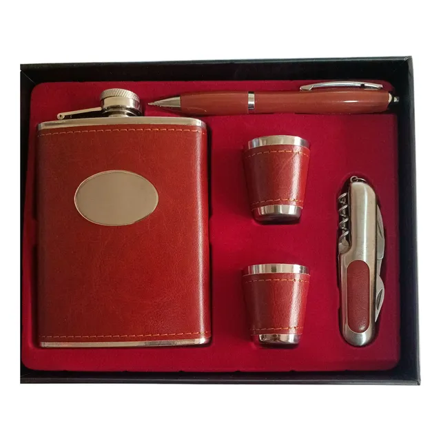 Licorera Portatil Con 2 Vasos Destapador Mas Lapiz Marrón