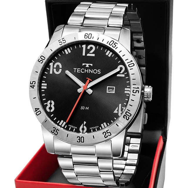 Relógio Masculino Technos Militar Prateado Cor Da Correia Preto Cor Do Bisel Dourado Cor D... Relógio Masculino Technos Militar Prateado Cor Da Correia Preto Cor Do Bisel Dourado Cor D...