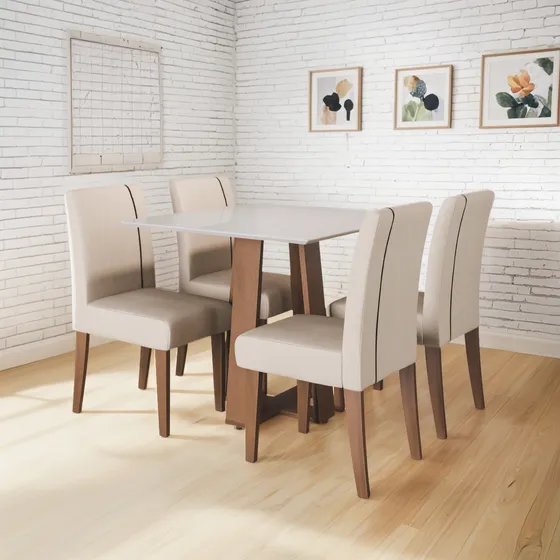 Conjunto De Mesa Atenas Com 4 Cadeiras Off White 0,90m Dobuê