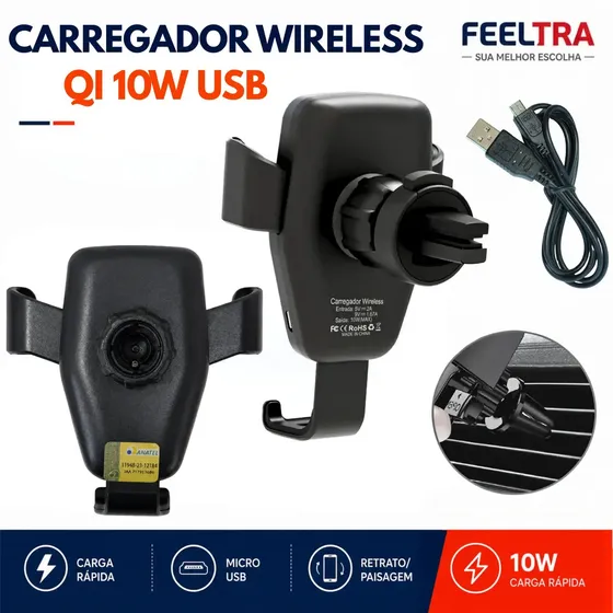 Suporte Carregador Celular Para Carro Indução Qi 10W Sem Fio Veicular Universal Wireless Saída De Ar