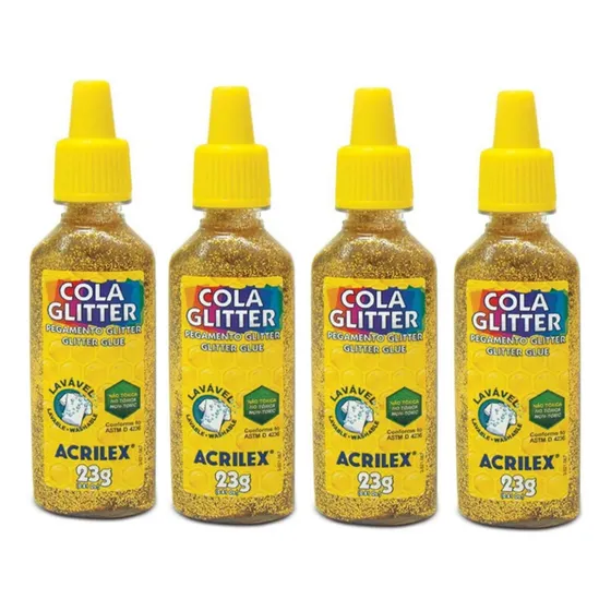 Kit C/ 4 Cola Colorida Com Glitter Ouro 23g Acrilex