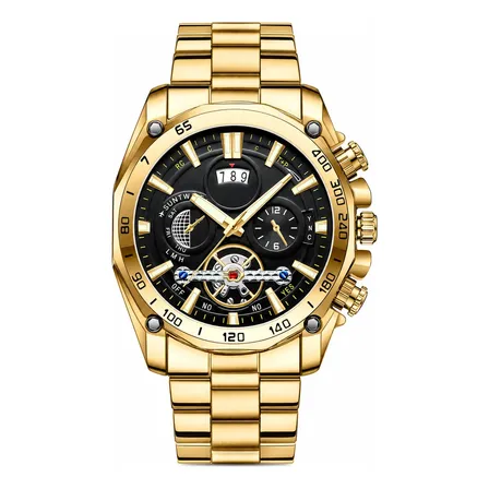 Relógio Masculino Vavavoom Aço Inoxidável Calendário 3atm Dourado Preto